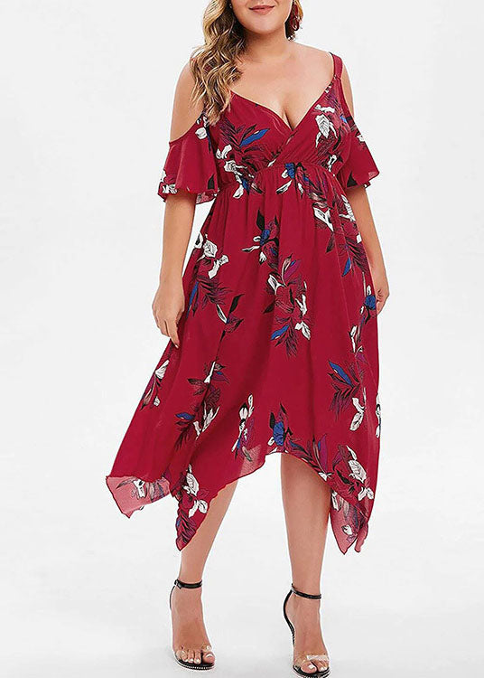 Boho Red Print Cold Shoulder Asymmetrical Patchwork Chiffon Dress Summer