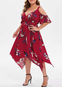 Boho Red Print Cold Shoulder Asymmetrical Patchwork Chiffon Dress Summer