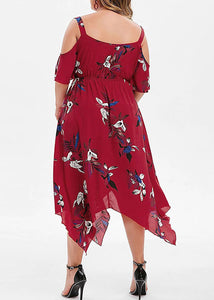 Boho Red Print Cold Shoulder Asymmetrical Patchwork Chiffon Dress Summer