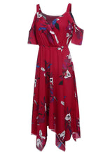 Load image into Gallery viewer, Boho Red Print Cold Shoulder Asymmetrical Patchwork Chiffon Dress Summer