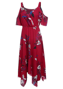 Boho Red Print Cold Shoulder Asymmetrical Patchwork Chiffon Dress Summer