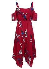 Load image into Gallery viewer, Boho Red Print Cold Shoulder Asymmetrical Patchwork Chiffon Dress Summer