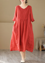 Load image into Gallery viewer, Boho Red V Neck Wrinkled Patchwork Linen Dress Summer