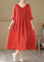 Load image into Gallery viewer, Boho Red V Neck Wrinkled Patchwork Linen Dress Summer