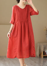 Load image into Gallery viewer, Boho Red V Neck Wrinkled Patchwork Linen Dress Summer