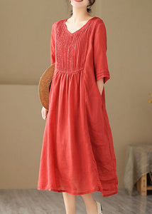 Boho Red V Neck Wrinkled Patchwork Linen Dress Summer