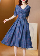 Load image into Gallery viewer, Boho V Neck Print Solid Tunic Silk Denim Long Dress Short Sleeve