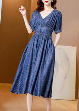 Load image into Gallery viewer, Boho V Neck Print Solid Tunic Silk Denim Long Dress Short Sleeve