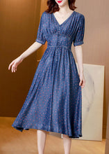 Load image into Gallery viewer, Boho V Neck Print Solid Tunic Silk Denim Long Dress Short Sleeve