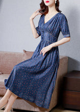 Load image into Gallery viewer, Boho V Neck Print Solid Tunic Silk Denim Long Dress Short Sleeve