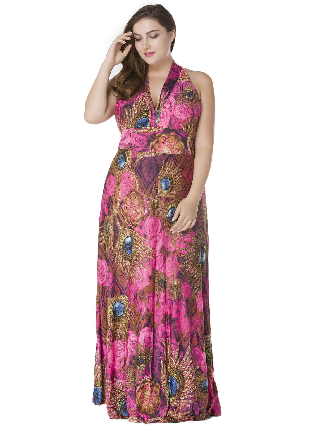 Boho V Neck Print Tunic Ice Silk Maxi Beach Dress Sleeveless