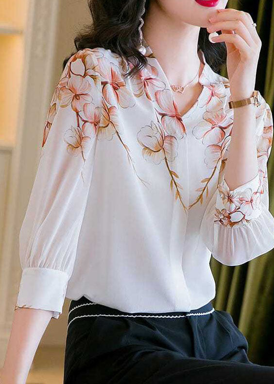 Boho White V Neck Print Patchwork Silk Shirt Top Summer