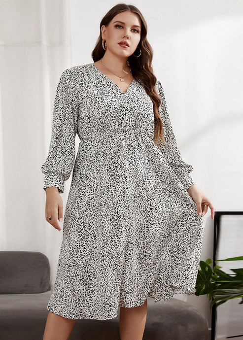 Boho White V Neck Print Wrinkled Patchwork Chiffon Dresses Fall