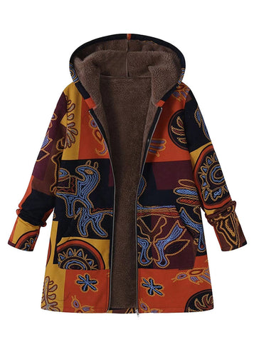 Boho Yellow Hooded Print Patchwork Warm Fleece Coat Fall