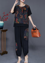 Load image into Gallery viewer, Boutique Black Chinese Button Patchwork Print Silk Two Pieces Set Summer