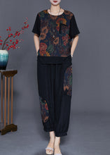 Load image into Gallery viewer, Boutique Black Chinese Button Patchwork Print Silk Two Pieces Set Summer