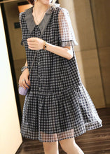 Load image into Gallery viewer, Boutique Black Plaid Ruffled Patchwork Tulle Mid Dresses Summer