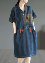 Load image into Gallery viewer, Boutique Blue Button Drawstring Pockets Patchwork Denim Mid Dress Summer