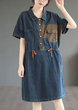 Load image into Gallery viewer, Boutique Blue Button Drawstring Pockets Patchwork Denim Mid Dress Summer