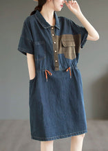 Load image into Gallery viewer, Boutique Blue Button Drawstring Pockets Patchwork Denim Mid Dress Summer