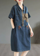 Load image into Gallery viewer, Boutique Blue Button Drawstring Pockets Patchwork Denim Mid Dress Summer