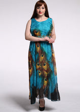 Load image into Gallery viewer, Boutique Blue O-Neck Print Tunic Chiffon Maxi Beach Dresses Sleeveless