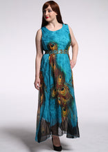 Load image into Gallery viewer, Boutique Blue O-Neck Print Tunic Chiffon Maxi Beach Dresses Sleeveless