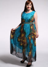 Load image into Gallery viewer, Boutique Blue O-Neck Print Tunic Chiffon Maxi Beach Dresses Sleeveless