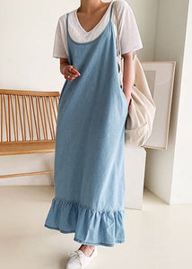 Boutique Blue Ruffled Patchwork Denim Spaghetti Strap Dress Summer