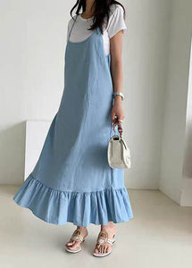 Boutique Blue Ruffled Patchwork Denim Spaghetti Strap Dress Summer