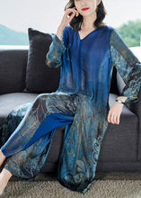Load image into Gallery viewer, Boutique Blue V Neck Side Open Print Silk Dress And Wide Leg Pants Women Sets Two Pieces Summer