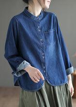 Load image into Gallery viewer, Boutique Navy O-Neck Asymmetrical Patchwork Button Denim Shirt Spring