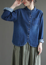 Load image into Gallery viewer, Boutique Navy O-Neck Asymmetrical Patchwork Button Denim Shirt Spring