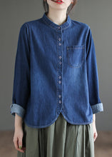 Load image into Gallery viewer, Boutique Navy O-Neck Asymmetrical Patchwork Button Denim Shirt Spring