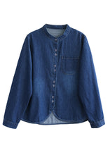 Load image into Gallery viewer, Boutique Navy O-Neck Asymmetrical Patchwork Button Denim Shirt Spring