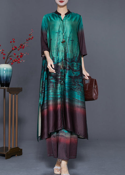 Boutique Peacock Green Print Side Open Silk Women Sets 2 Pieces Summer