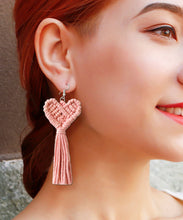 Load image into Gallery viewer, Boutique Pink Cotton Thread Hand Knitting Tassel Love Drop Earrings