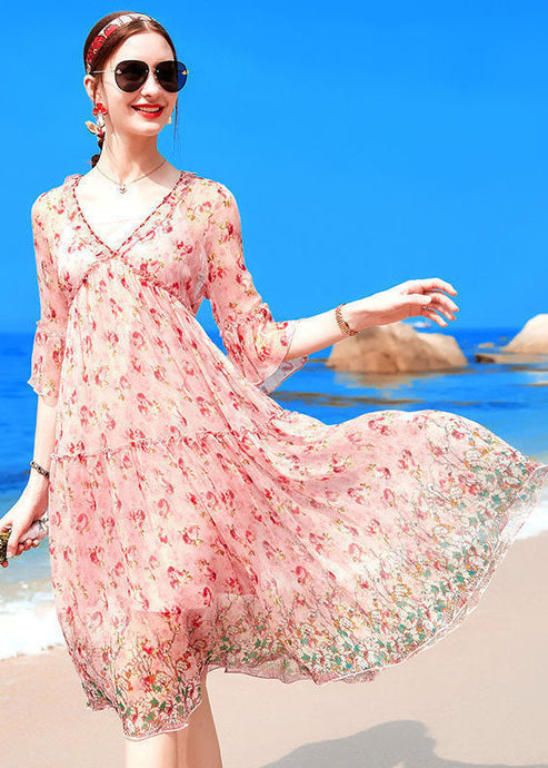 Boutique Pink V Neck Ruffled Print Silk Beach Dresses Half Sleeve