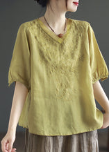 Load image into Gallery viewer, Boutique Yellow V Neck Embroideried Patchwork Linen T Shirt Summer