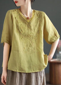 Boutique Yellow V Neck Embroideried Patchwork Linen T Shirt Summer