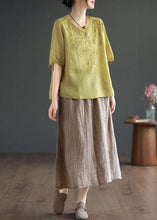 Load image into Gallery viewer, Boutique Yellow V Neck Embroideried Patchwork Linen T Shirt Summer