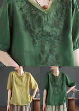 Load image into Gallery viewer, Boutique Yellow V Neck Embroideried Patchwork Linen T Shirt Summer