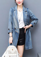 Load image into Gallery viewer, Brief Denim Blue Notched Patchwork Button Cotton Long Coat Spring