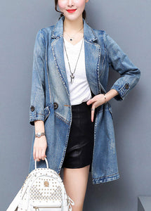 Brief Denim Blue Notched Patchwork Button Cotton Long Coat Spring