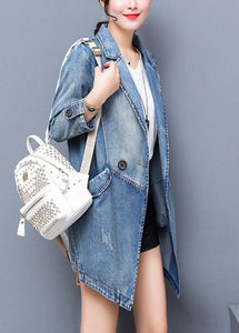 Brief Denim Blue Notched Patchwork Button Cotton Long Coat Spring