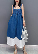 Load image into Gallery viewer, Brief Denim Blue Slash Neck Patchwork Cinched Button Maxi Dress Summer