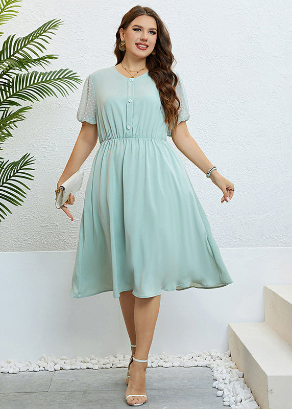 Brief Light Green O-Neck Patchwork Button Chiffon Maxi Dress Summer