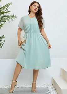 Brief Light Green O-Neck Patchwork Button Chiffon Maxi Dress Summer