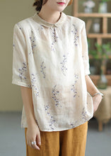 Load image into Gallery viewer, Brief Peter Pan Collar Print Button Low High Design Linen Shirt Half Sleeve