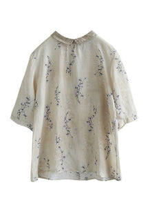 Brief Peter Pan Collar Print Button Low High Design Linen Shirt Half Sleeve